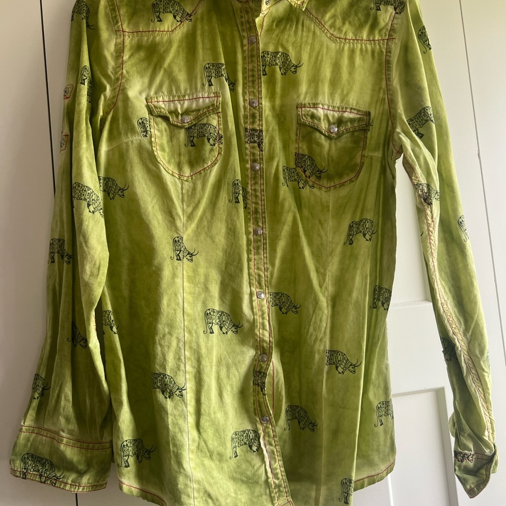 Sundance Green Button Down Shirt with Animal Print